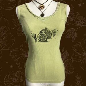 Hand-Printed Y2K Vintage Upcycled Lime Green Graphic Fig Lace Trim Cami